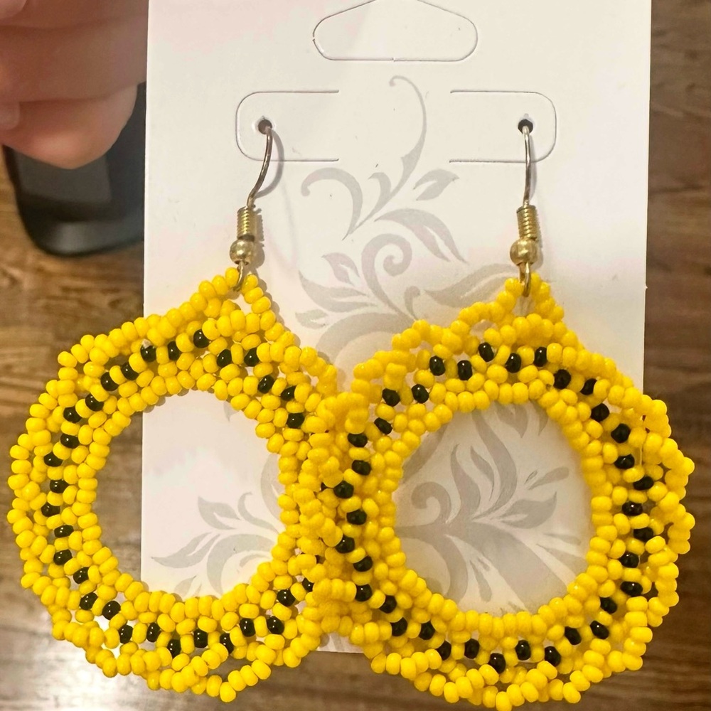 Yellow and Black Lace Earrings with Intricate Patterns
